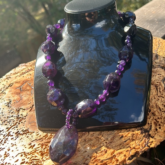 Amethyst Faceted Necklace Chunky Beaded Pendant 14K Clasp SF Statement Purple - Picture 2 of 11